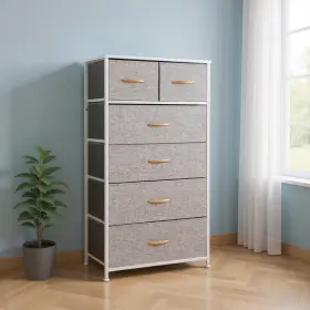 484712 Homeroots 23 Inch Gray And White Steel Fabric Six Drawer Chest
