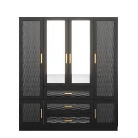 569305 Homeroots 71 Inch Black Gray And Gold Carved Geometric Mirrored Six Door Three Drawer Combo