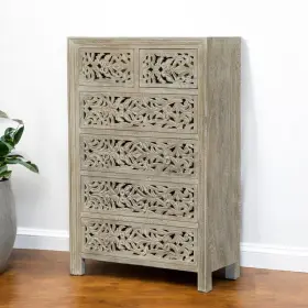 569590 Homeroots 35 Inch Gray Carved Floral Solid Wood Six Drawer Dresser