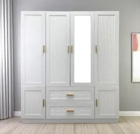 617962 Homeroots 75 Inch White Ribbed Texture Wood Mirrored Six Door Two Drawer Combo Dresser