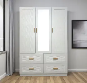617963 Homeroots 75 Inch White Ribbed Texture Wood Mirrored Three Door Four Drawer Combo Dresser