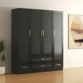 617964 Homeroots 71 Inch Black Plantation Shutter Wood Four Door Drawer Combo Dresser