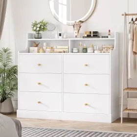 Fpb-254 Homfa 6 Drawer Double White Dresser With Hutch Modern Wood Storage