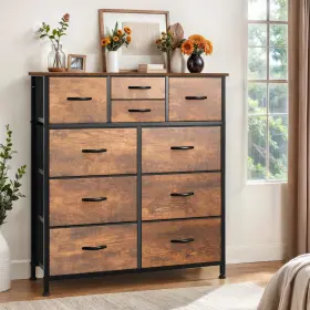 Homnia 199449780595 10 Drawer Dresser Fabric Brown Rustic Storage Organizer Cabinet Bedside Closet