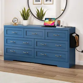 Beyshy5jy1 Homnia Blue 7 Drawers Chest Of Dresser Storage Vanity Cabinet Usb Power Station