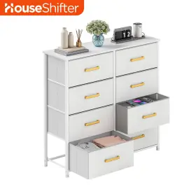 Beyshj0maw House Shifter 8 Drawers Dresser White Fabric With Golden Handle Storage Bedroom Cabinet Unit