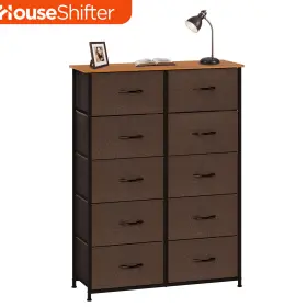 Houseshifter 197839119536 10 Drawers Fabric Dresser Brown Rustic Tower Organizer Waterproof Wood Table Top