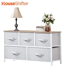 Houseshifter 764283213990 5 Drawers Dresser Closet Cabinet Gray Fabric Storage Tower Bedroom Organizer