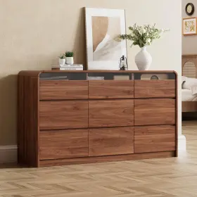 Ieejdn 744110237436 63.1 Inch Large 9 Drawer Storage Organizer Wide Dresser With Recessed Glass
