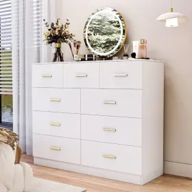 Ktaxon 031337284756 9 Drawer Double Dresser With Built-in Mirror Durable P2 Wood White