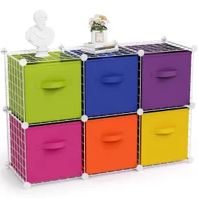 Koo-leinuosen-1099 Leinuosen 6 Cube Storage Organizer Set Wire Grid Shelves With Foldable Fabric Bins Clos