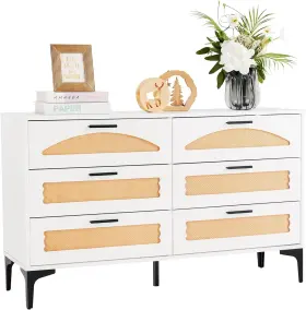 Mericonia Rd-6d-02 6 Drawer Double Dresser For Bedroom Wood Rattan Closet With Meta
