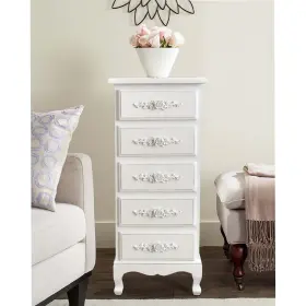 Hd221569 Pier Surplus 30.7 In 5-drawer Antique White Shabby Chic Wood Storage Chest With Rosebuds