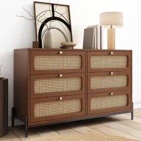 Rs-w49rd-w Polibi Walnut Modern Cannage Rattan Wood 6 Drawers 47 Inch Wide Dresser