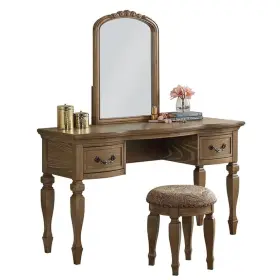 F4008 Poundex Wood Vanity Set With Stool And Mirror In Antique Oak