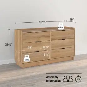 Odbr-1806-1 Prepac Dresser 52.5 Inch W Engineered Wood With 6-drawer Simply Modern Natural Oak #3