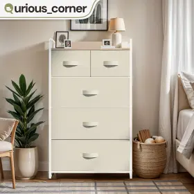 Qurious Corner 197839493193 5 Drawer Dresser Milky White Fabric Tower Storage Cabinet Bedside Unit