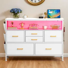 Qurious Corner 197839518285 Chest Of 6 Drawers Dresser White Fabric Bedroom With Adjustable Light And Usb Ports