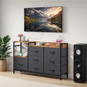 Beysh7zvty Qurious Corner Chest Of 7 Drawer Fabric Dresser Bedroom Brown Wooden Top Usb Ports And Metal Hook