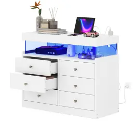 Beyshoz5bs Qurious Corner 7 Drawers Dresser 32 Inch Wood Storage Dressers Acrylic Shelve With Led And Power Outlet