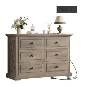 Abz123 Quw Farmhouse Dresser For Bedroom With 6 Drawers Modern Tv Stand Grey