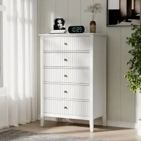 Royalcraft 795276241881 White Fluted 5 Drawer Dresser For Bedroom Tall Chest Of Drawers Waterproof