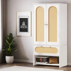Taus 197839705593 70 Inch Tall Rattan Closet Armoire Wardrobe With Double Door Oval Drawer Storage Layer
