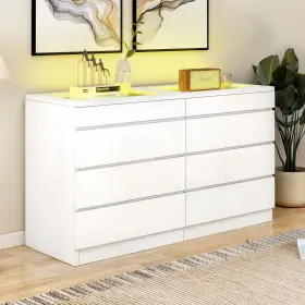 Taus 197839895744 8 Drawer Dresser Led Deep Drawers Glass Top High Gloss Surface For Living Room