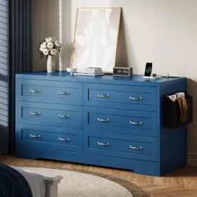 Taus 199449016687 60in Large 6 Drawers Storage Dresser Tv Stand For Bedroom Chest Of