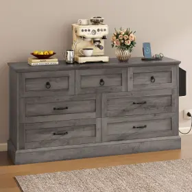 Taus 199449240082 59 Inch Grey Wide Wood 7 Drawers Dresser Storage Dressers Organizer For Living
