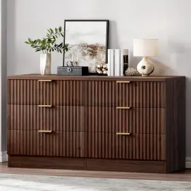Taus 199449435341 Walnut 6 Drawer Dressers With Fluted Panel Wide Versatile Tv Stand Cabinet Table