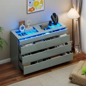 Taus 199449440345 Gray High Gloss Surface 8 Drawer Modern Chest Dresser Led Deep Drawers Glass Top
