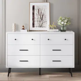 Beysh9ziuq Taus White 6 Drawers Dresser Wood Chest Of With Black Metal Handle