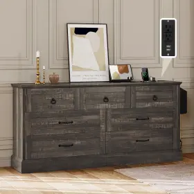 Beyshauan1 Taus Dark Rustic Oak 59 Inch Wide Wood 7 Drawers Dresser Storage Dressers Organizer