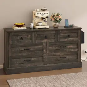 Beysho01ue Taus 59 Inch 7 Drawers Dresser Storage Wide Wood Dressers Organizer Dark Rustic Oak