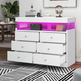 Erty4eh5tdrte Uforic Cajoneras De Madera Blanca Con Luz Y Estaci N Carga Para Ropa 6 Cajones Comoda