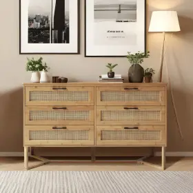Hp0202-09-111 Veikous Dresser 47.4 Inch Durable 6-drawer Changeable Handle Sturdy Bamboo Yellow