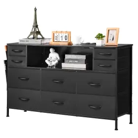 Vevor 197988130307 10 Fabric Drawer Dresser With Open Storage Shelf Led Lights And Outlet Black