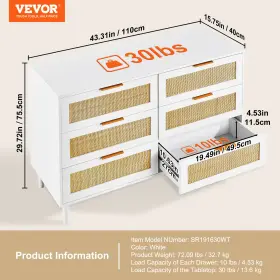 Sr191630wt Vevor Rattan Drawer Dresser Natural Closet 6 Drawers For Bedroom #2