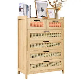 Sr241080 Vevor Rattan Drawer Dresser Natural Closet 5 Drawers For Bedroom