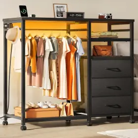 Wlive 445034612615 Black Dresser With Hanging Rack For Bedroom 3 Drawer Led Lig