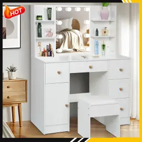 1619 Yamissi Modern Vanity Dressing Desk With 10 Led Lighted Makeup Mirror And 5 Drawers #2