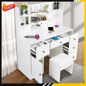 1619 Yamissi Modern Vanity Dressing Desk With 10 Led Lighted Makeup Mirror And 5 Drawers #3