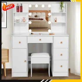 1619 Yamissi Modern Vanity Dressing Desk With 10 Led Lighted Makeup Mirror And 5 Drawers