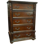 Traditional Wooden 5 Drawer Chest W/ Carvings, Storage Clothes Organizer, Cherry. Fixed Price $1200.00.