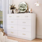 Ktaxon 9 Drawer Double Dresser With Built-in Mirror, Durable P2 Wood, White,. Fixed Price $161.00.