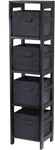 Wood Capri 4 Section Storage Shelf With Black Fabric Foldable Baskets. Fixed Price $150.99.