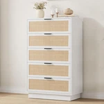Stylish 5-DRAWER Rattan Dresser For Bedroom & Hallways, Easy Assembly, White. Fixed Price $396.99.