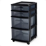 Drawer Tower, 4-TIER Clear Plastic Storage Organizer Cart, Black Frame Rolling. Fixed Price $63.83.