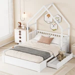 Wood Queen Size House Platform Bed With Guardrail And 2 Drawers, White. Fixed Price $459.99.